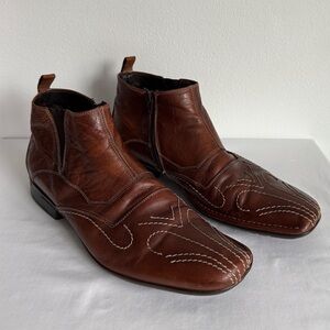 Vintage Bacco Bucci Sz 11 Brown Leather Ankle Boots Made Italy Western Stitch